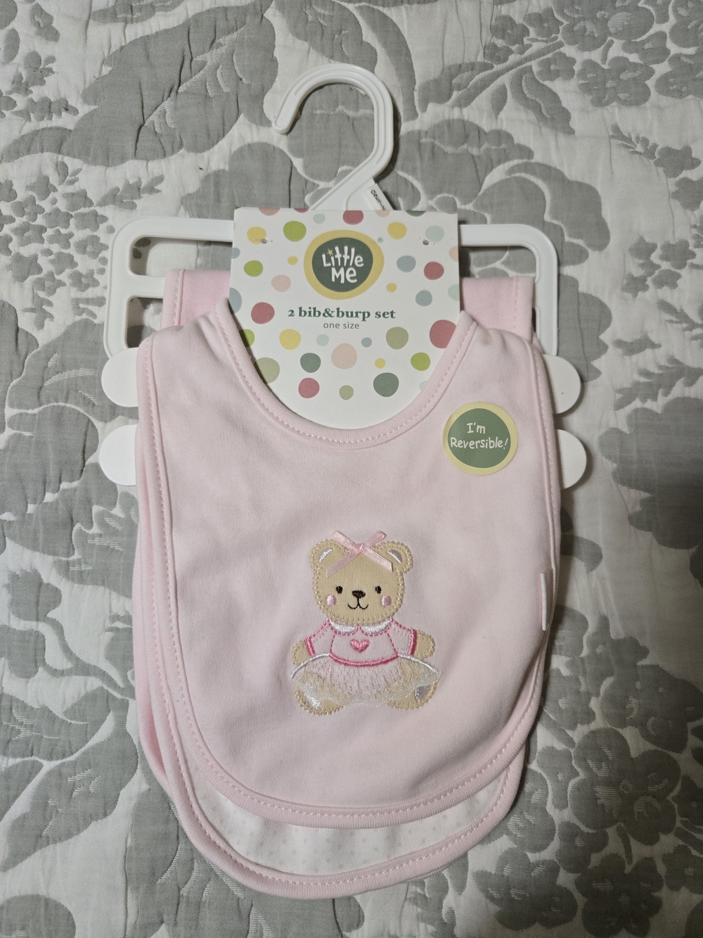 Little Me Pink Reversible Bib & Burp Set with Bear Embroidery